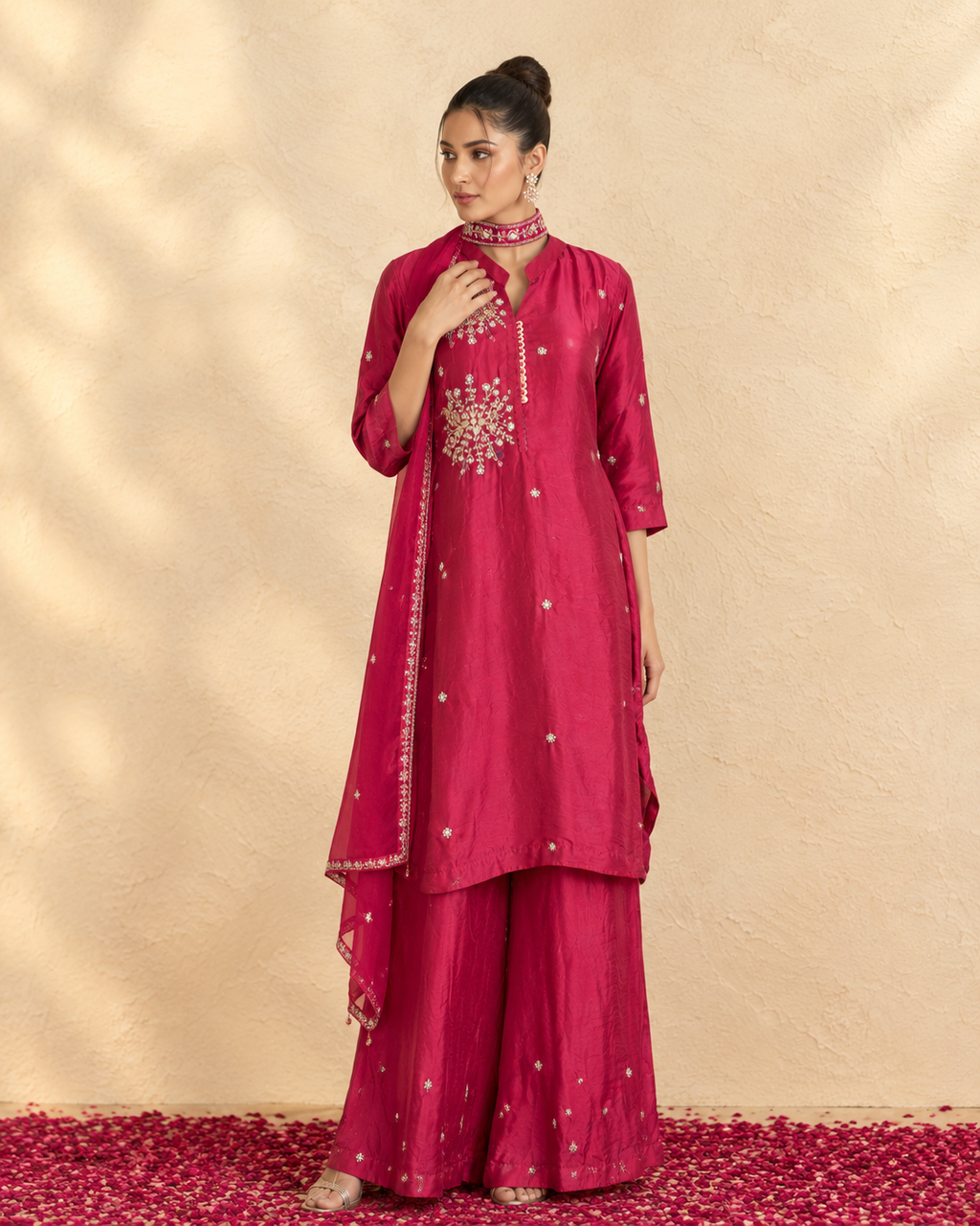 Fuchsia Magenta Mul Chanderi Embroidered Kurta Palazzo Set with Matching Choker