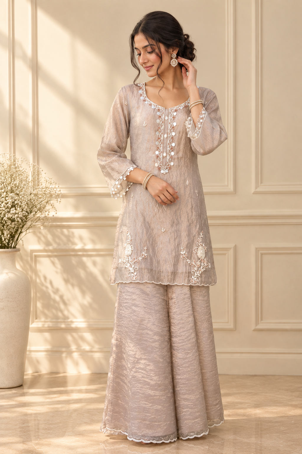 Rose Gold Silk Kurta & Palazzo Set — Hand-Embroidered Elegance