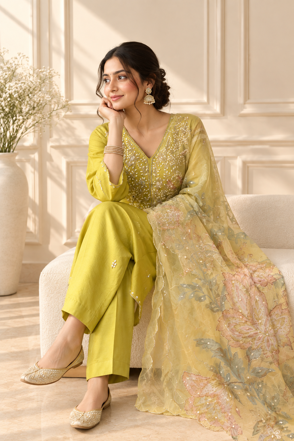 Mehendi Green Pearl Embroidered Kurta Set with Floral Dupatta