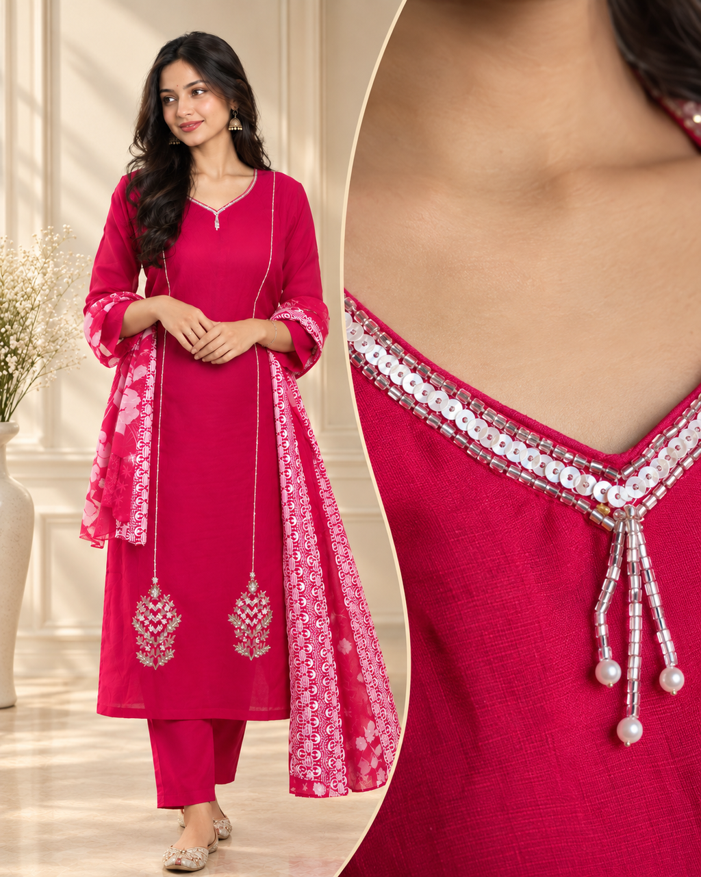 Fuchsia Bloom Embroidered Kurta Set with Floral Print Dupatta
