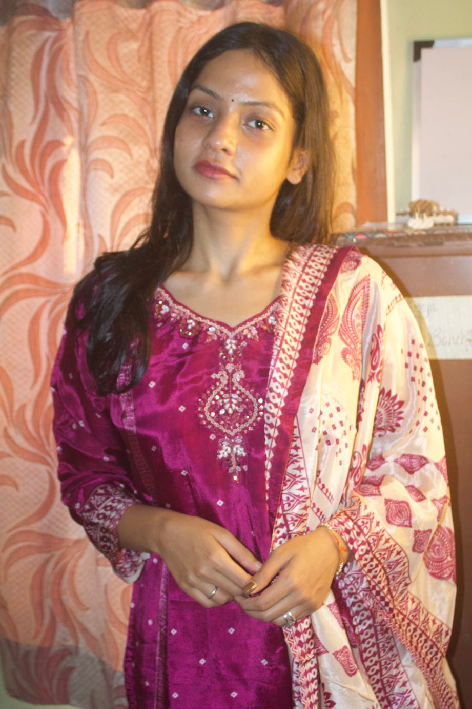 Royal Purple Printed & Embroidered Crepe Kurta Set