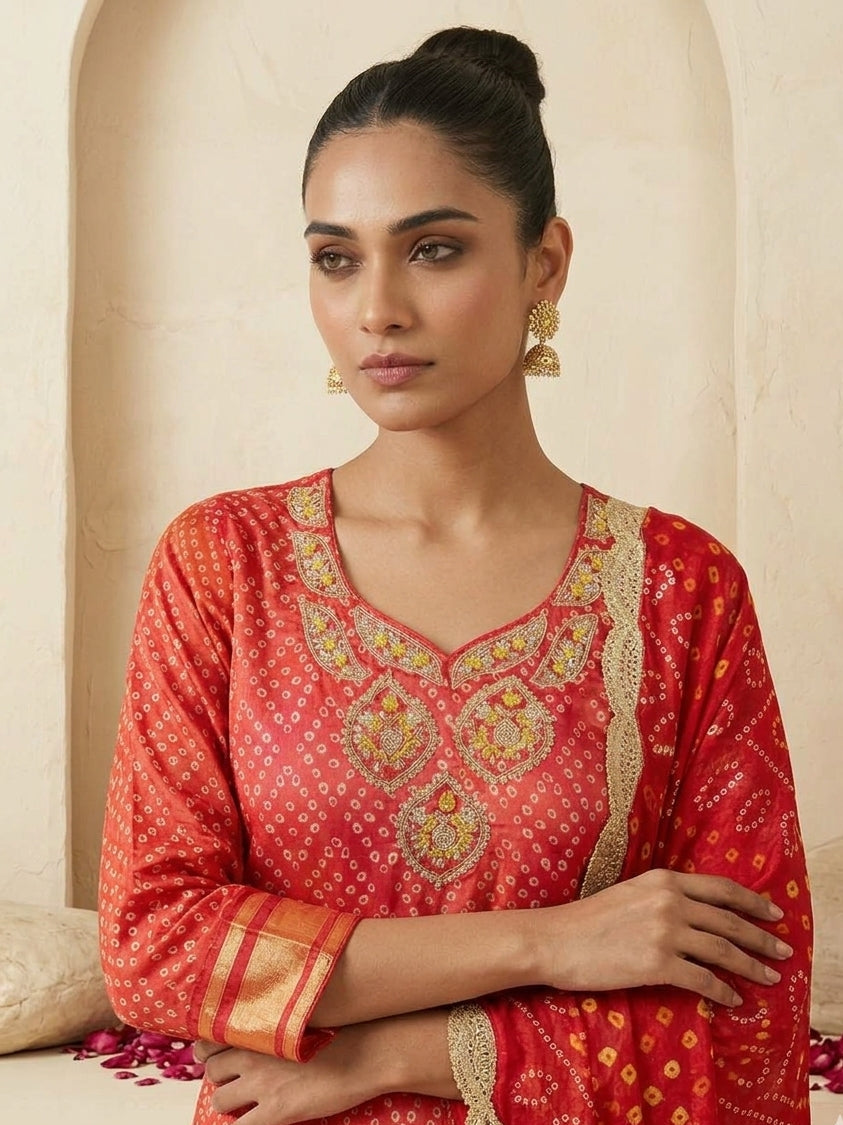 Royal Crimson Gaji Silk Bandhani Set with Hand-Embroidered Kundan Neckline