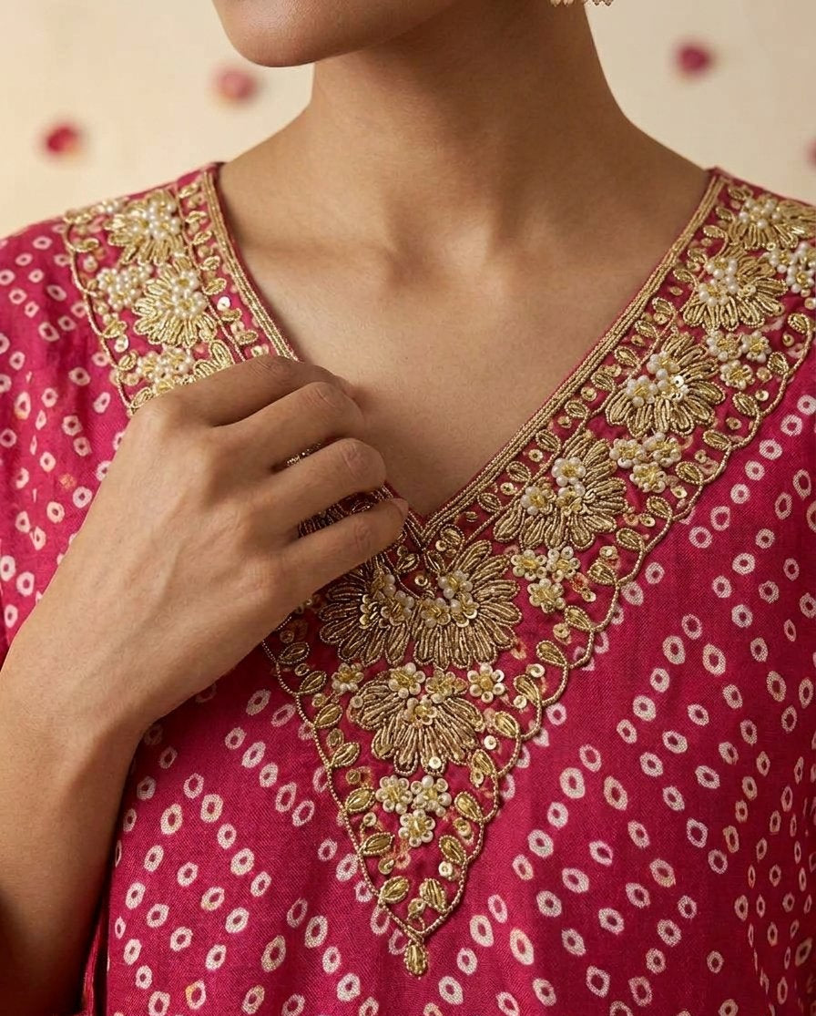 Fuchsia Pink Bandhani Print Silk Blend Kurta Set with Zari Border & Embroidered Neckline