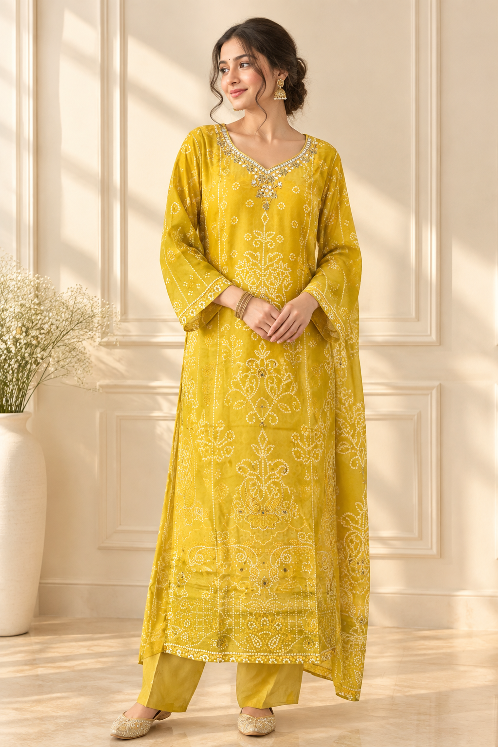 Mustard Yellow Bandhani Printed Modal Satin Co-Ord Set