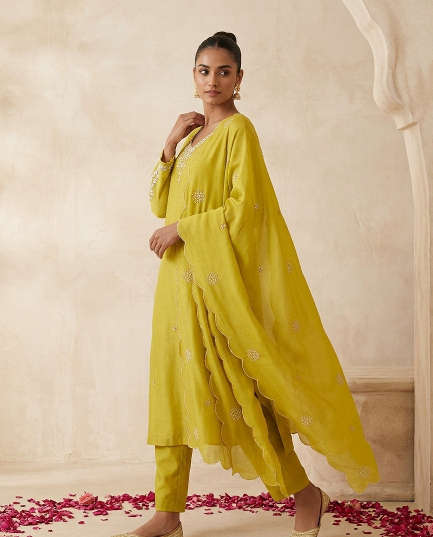 Lime Mustard Raw Silk Kurta Set with Cutdana Embroidery & Scalloped Dupatta