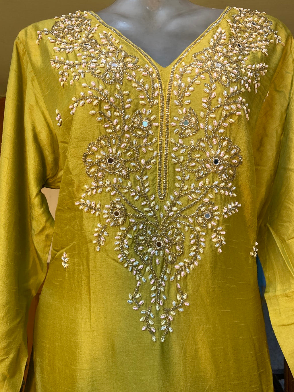 Mehendi Green Pearl Embroidered Kurta Set with Floral Dupatta