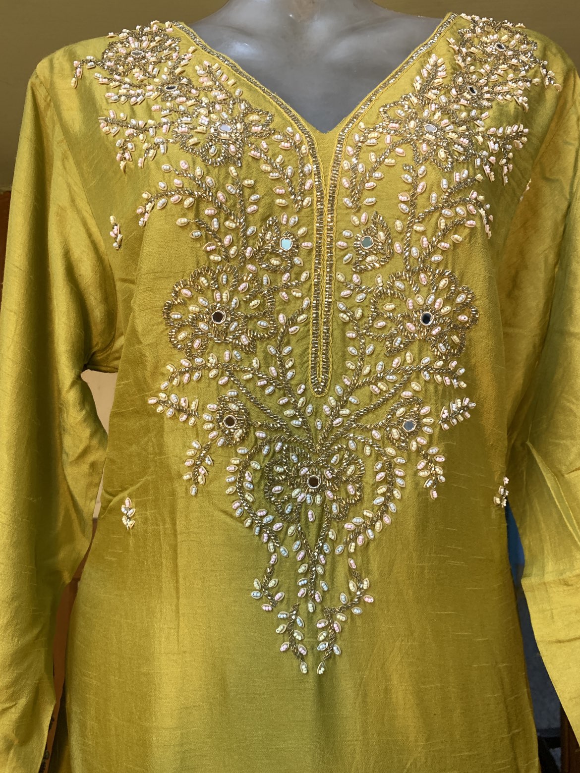 Mehendi Green Pearl Embroidered Kurta Set with Floral Dupatta