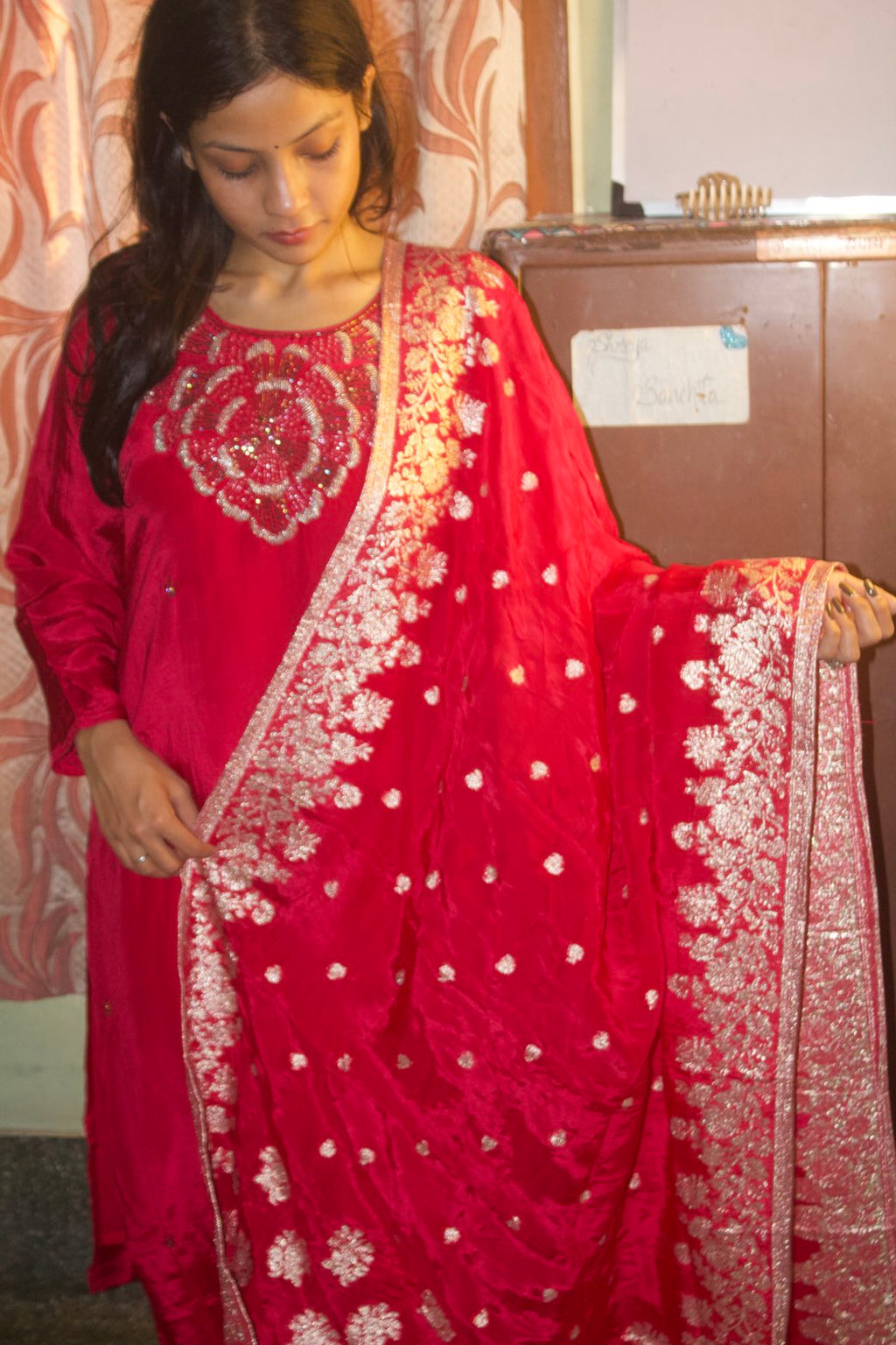 Fuchsia Pink Faux Crepe Embroidered Suit Set with Banarasi Dupatta