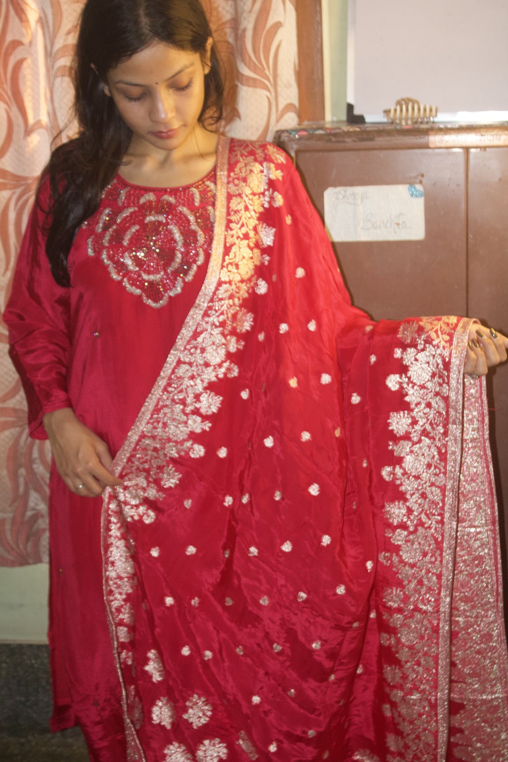 Fuchsia Pink Faux Crepe Embroidered Suit Set with Banarasi Dupatta
