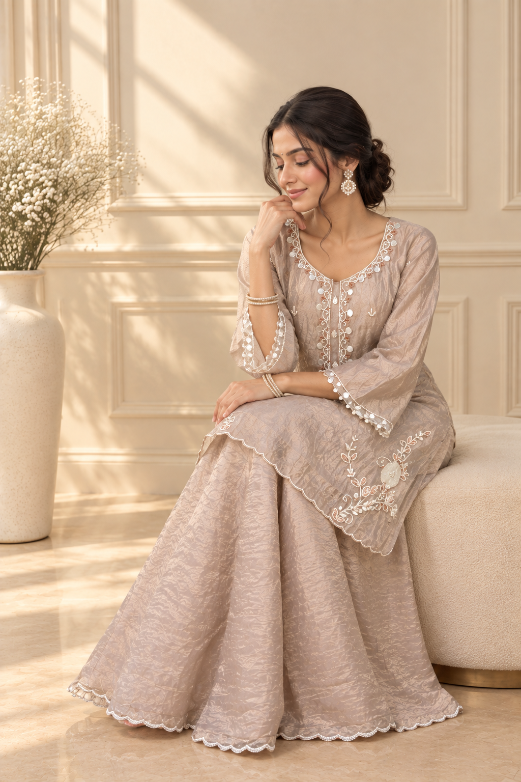 Rose Gold Silk Kurta & Palazzo Set — Hand-Embroidered Elegance