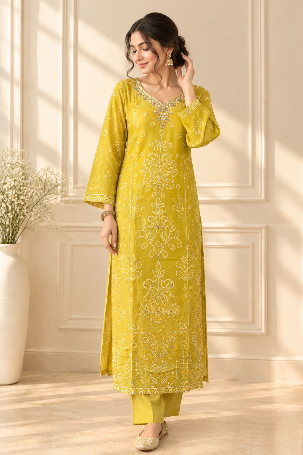 Mustard Yellow Bandhani Printed Modal Satin Co-Ord Set