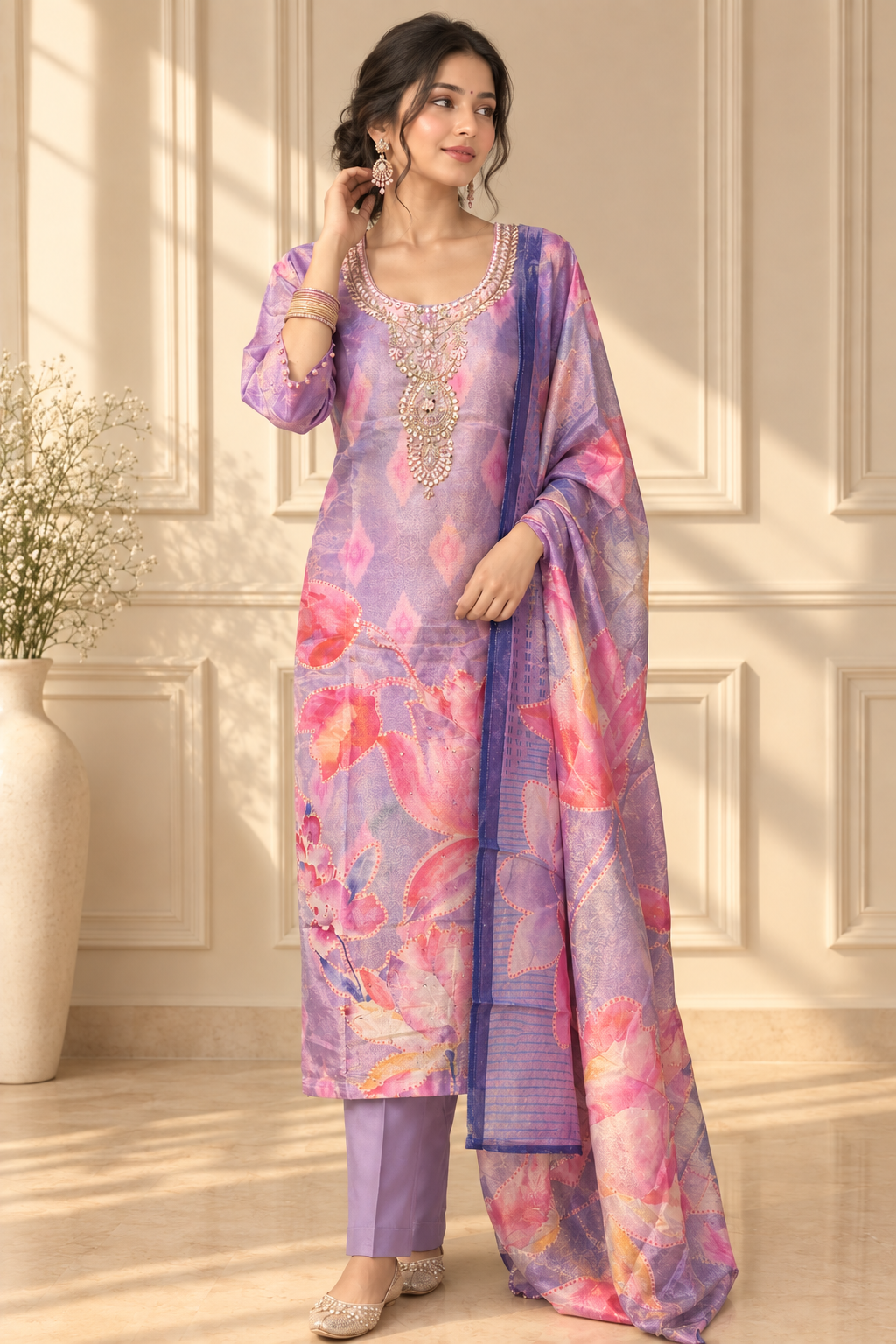 Mauve Floral Organza Silk Embroidered Kurta Set