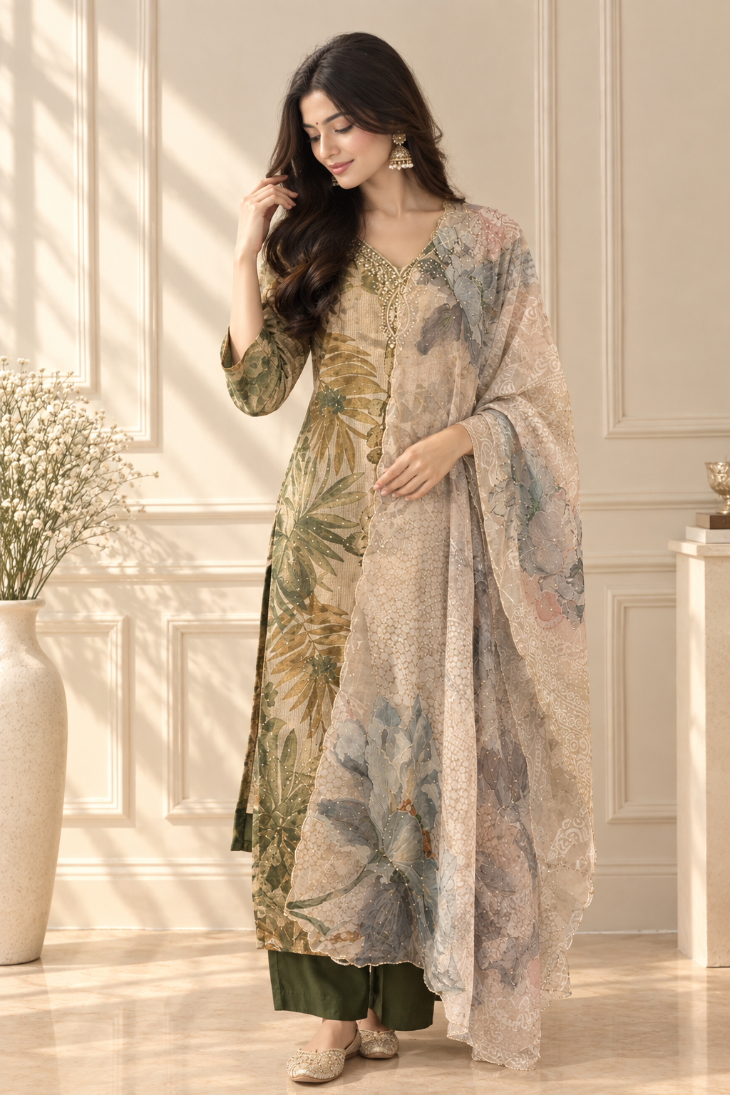 Earthy Botanica Embroidered Chanderi Silk Suit Set