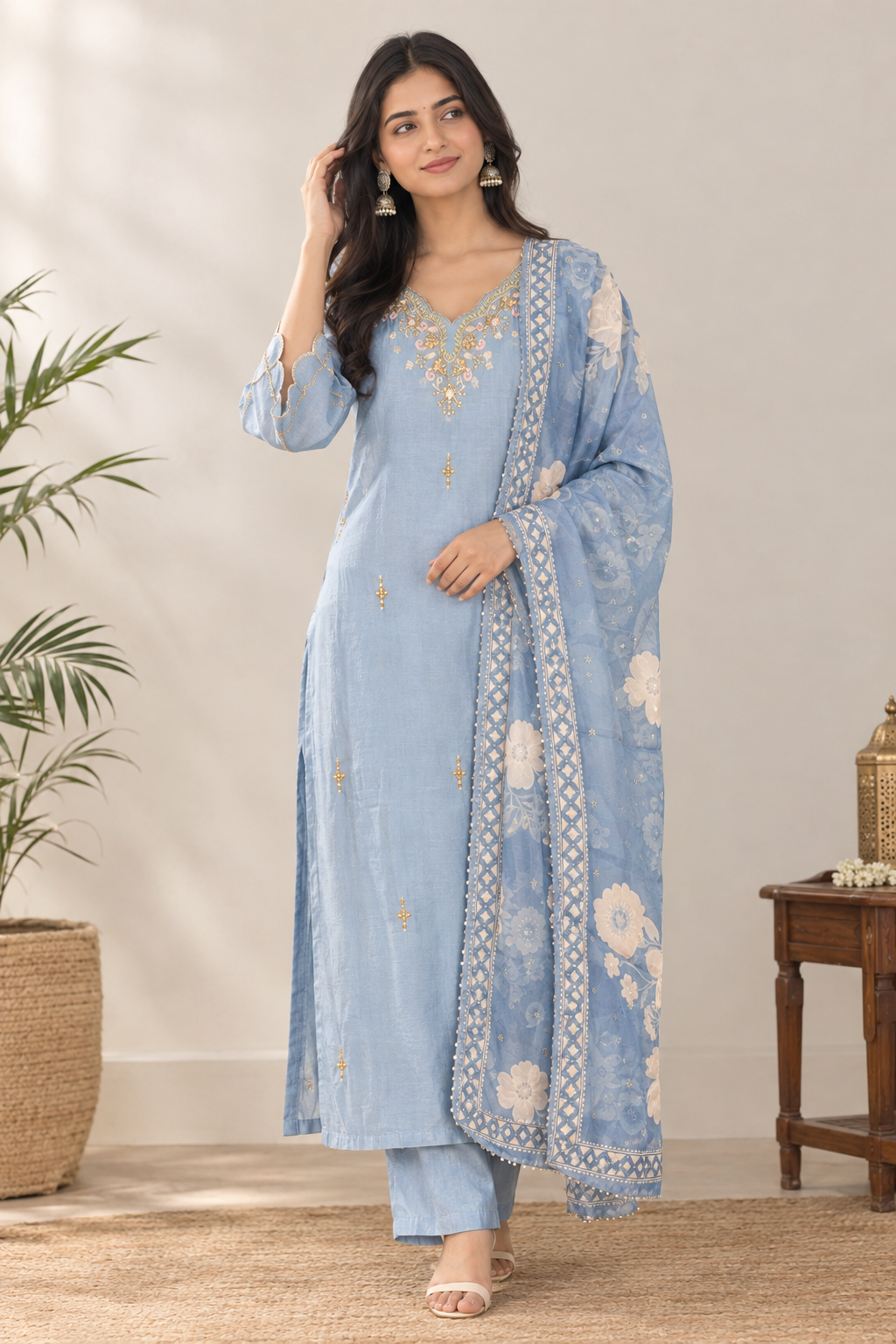 Powder Blue Muslin Silk Kurta Set with Printed Organza Dupatta