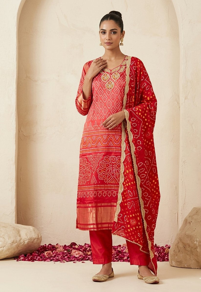 Royal Crimson Gaji Silk Bandhani Set with Hand-Embroidered Kundan Neckline