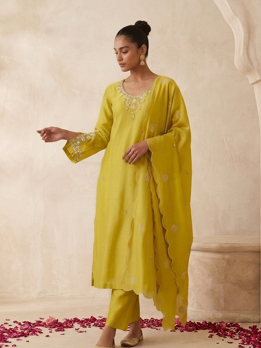 Lime Mustard Raw Silk Kurta Set with Cutdana Embroidery & Scalloped Dupatta