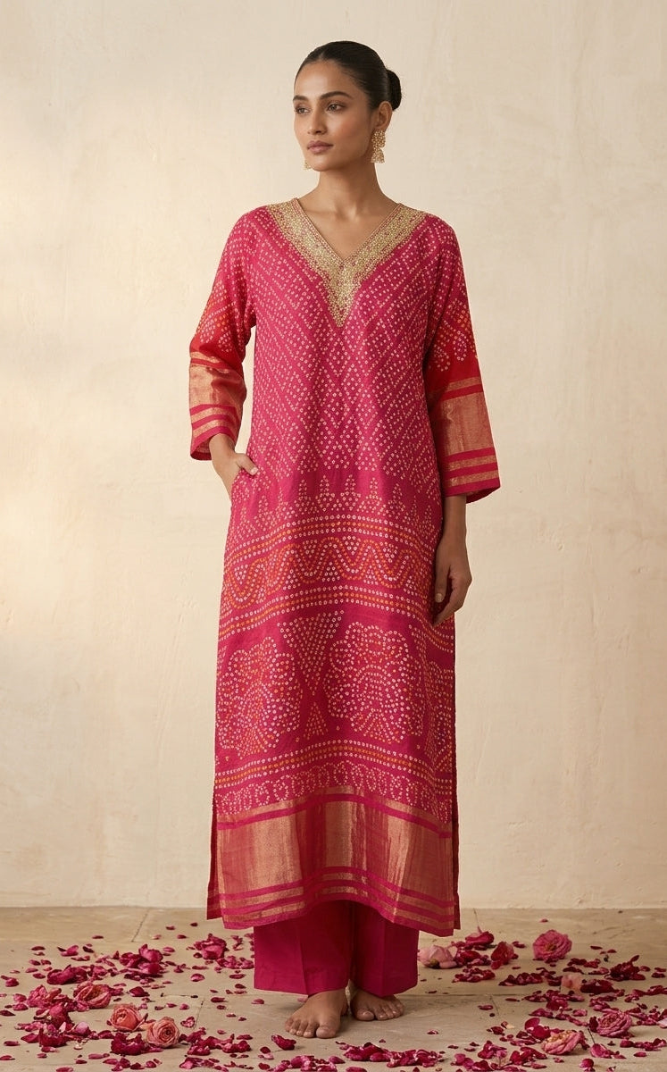 Fuchsia Pink Bandhani Print Silk Blend Kurta Set with Zari Border & Embroidered Neckline